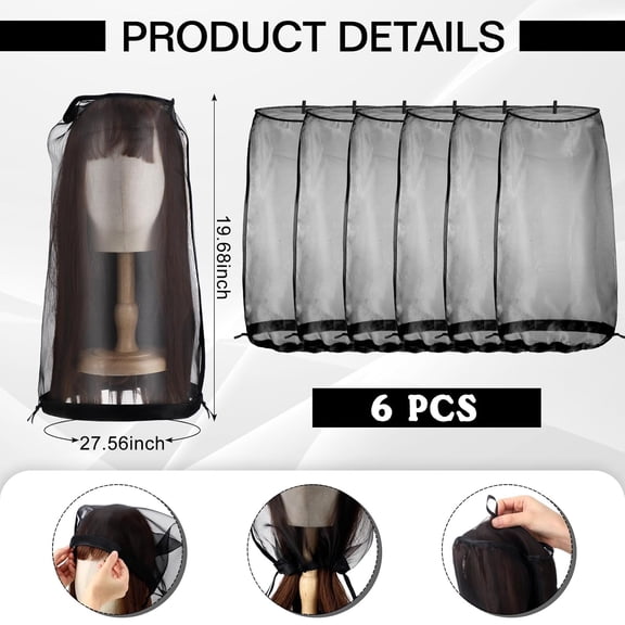 UYGDUY-6 Pcs Wig Storage Bags Adjustable Wig Bag with Drawstring Portable Travel Organizer for keep from Dirt Dust(Black)