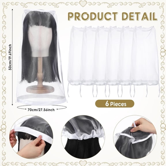 UYGDUY-6 Pcs Wig Storage Bags Adjustable Wig Bag with Drawstring Portable Travel Organizer for keep from Dirt Dust(White)