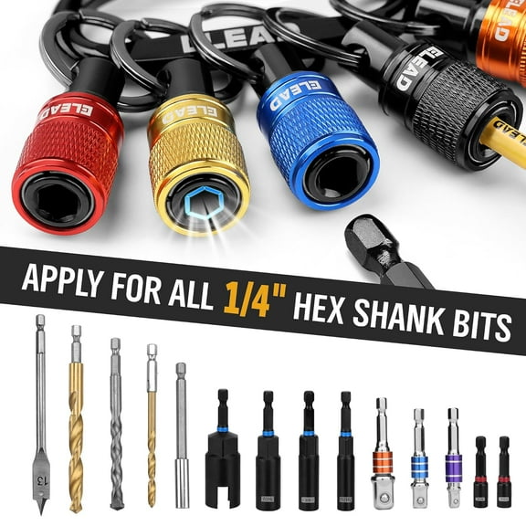 UYGDUY-6-Piece Bit Holder Key Chain, 1/4 inch Multi-Color Hex Shank Bit Holders, Quick Release Design with Keychain Carabiner for Nut Driver, Screwdriver & Drill Bits, Tools Gifts for Men
