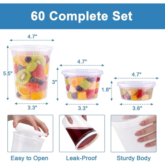 UYGDUY-60 Sets Deli Containers with Lids, 8/16/32 oz Quart Containers BPA Free, Airtight Takeout Plastic Food Storage Container, Stackable Leakproof Microwave & Freezer Safe for Soup, Sauce & Leftove