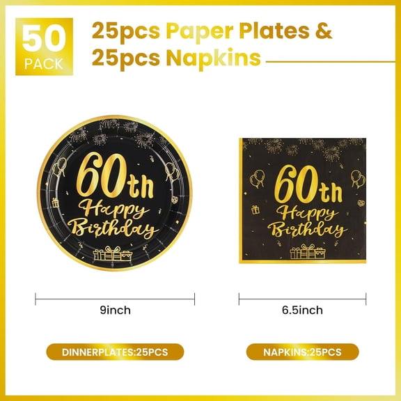 UYGDUY-60th Paper Party Plates And Napkins 50pcs 9" Black Birthday Party Dessert Tableware Happy Birthday Decorations Party Supplies