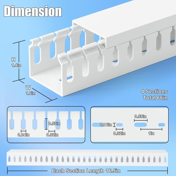 UYGDUY-66in(4X L16.5in) Professional Server Rack Cable Management Raceway, H1.4in x W1.6in Cable Raceway Kit, Electrically Safe PVC Open Slot Wire Raceway for Under Desk/Computer/Network Cords, White