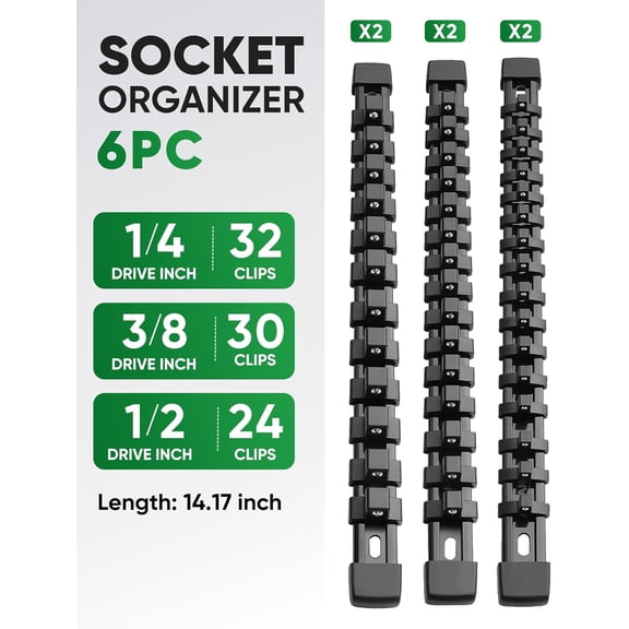 UYGDUY-6PC ABS Socket Organizer, Socket Rails Fit 1/2 inch, 3/8 inch and 1/4 inch Drive, Heavy Duty Socket Holders Hold up to 86 Sockets, Black Rails with Black Clips