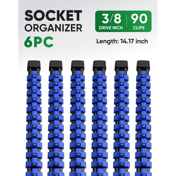 UYGDUY-6PC ABS Socket Organizer, Socket Rails Fit 3/8 inch Drive, Heavy Duty Socket Holders Hold up to 90 Sockets, Black Rails with Blue Clips