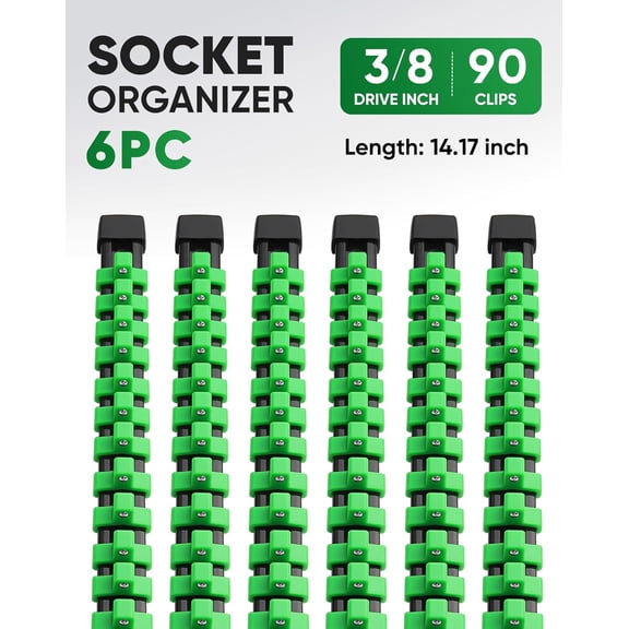 UYGDUY-6PC ABS Socket Organizer, Socket Rails Fit 3/8 inch Drive, Heavy Duty Socket Holders Hold up to 90 Sockets, Black Rails with Green Clips