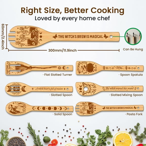 UYGDUY-6PCS Magic Witch Wooden Kitchen Cooking Utensil Set, 11.9in Non Toxic Bamboo Wood Spoon Set for Cooking, Best Housewarming Halloween Decor Gift for Women Mother