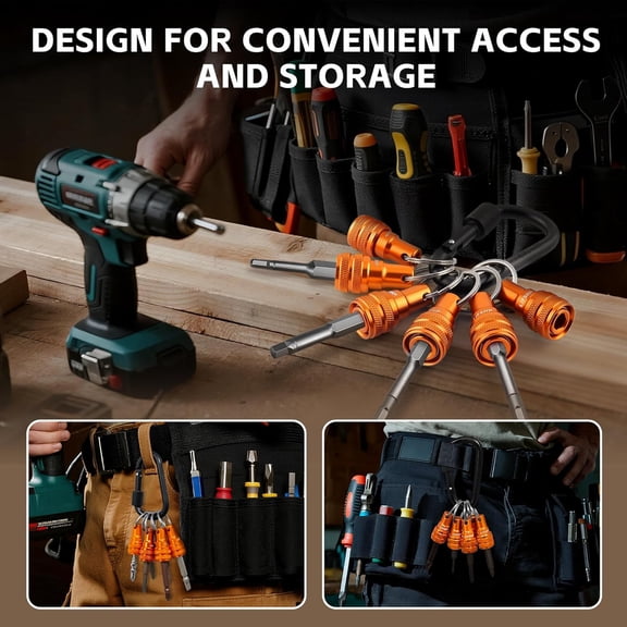 UYGDUY-6Pcs Drill Bit Holder Key Chain, 1/4 Hex Shank Aluminum Alloy Push to Unlock Quick Release for Impact Bit Driver Extension Bar Nut Driver Screwdriver & Drill Bits,Tool Gifts for Men-Orange