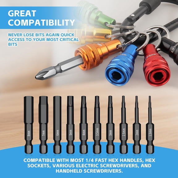 UYGDUY-6Pcs Drill Bit Holder Key Chain, 1/4 Hex Shank Aluminum Alloy Push to Unlock Quick Release for Impact Bit Driver Extension Bar Nut Driver Screwdriver & Drill Bits,Tool Gifts for Men-Multi Colo