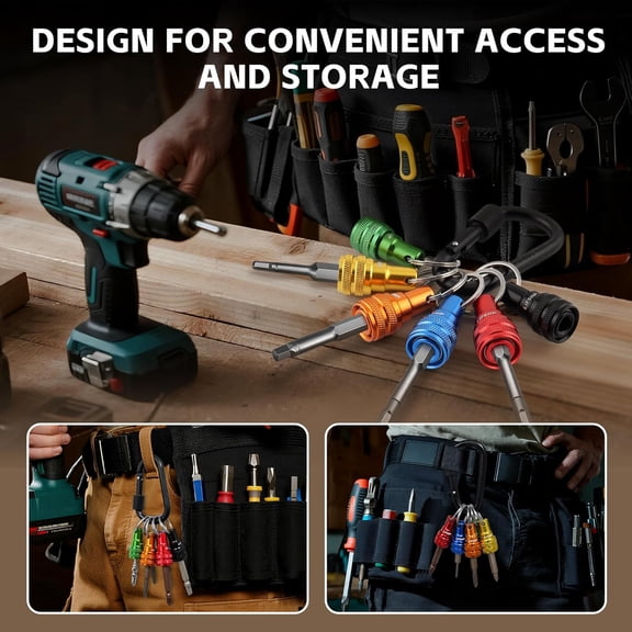 UYGDUY-6Pcs Drill Bit Holder Key Chain, 2 Sets 1/4 Hex Shank Aluminum Alloy Push to Unlock Quick Release for Impact Bit Driver Extension Bar Nut Driver Screwdriver & Drill Bits,Tool Gifts for Men-Mul
