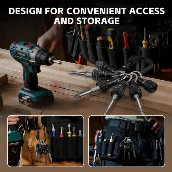 UYGDUY-6Pcs Drill Bit Holder Key Chain, 2 Sets 1/4 Hex Shank Aluminum Alloy Push to Unlock Quick Release for Impact Bit Driver Extension Bar Nut Driver Screwdriver & Drill Bits,Tool Gifts for Men-Bla