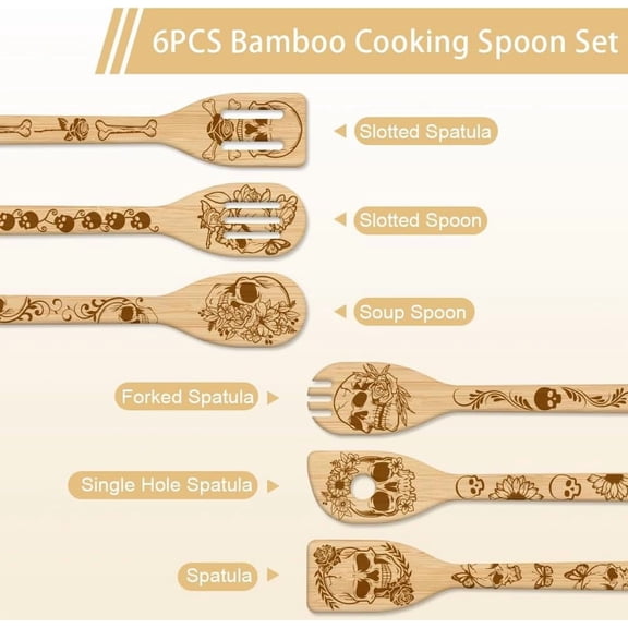 UYGDUY-6Pcs Skeleton Bamboo Cooking Utensils Wooden Engraved Cooking Spoons Set Carving Kitchen Bamboo Spatula Set for Women and Men Wood Cooking Spoon for Kitchen Fun House Warming Gift