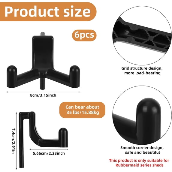 UYGDUY-6pcs Shed Hooks for Rubbermaid Fasttrack, Plastic Multi Purpose Shed Organizer Accessories, Power Tool Hangers Holder Organization and Storage for Garage Hanging Shovel Rake Sports Equipment