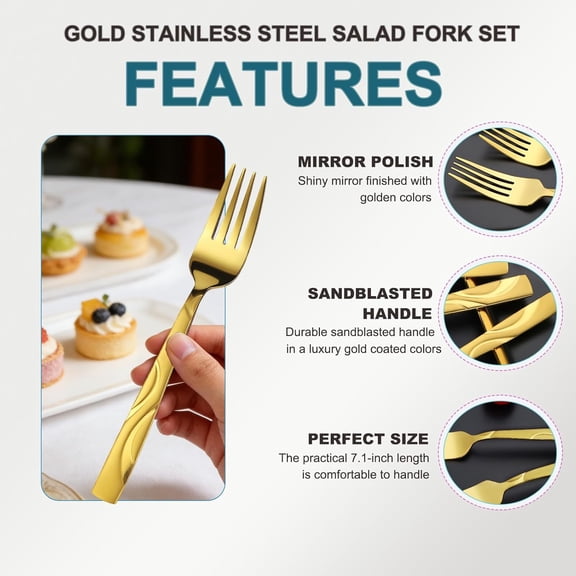 UYGDUY-7.1 Inch Gold Salad Forks, Durable Stainless Steel Dessert Forks Set of 12 -Dishwasher Safe, for Entertaining and Everyday Use