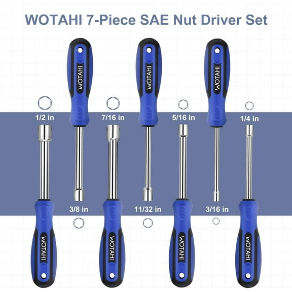 UYGDUY-7-Piece SAE Nut Driver Set - 3/16, 1/4, 5/16, 11/32, 3/8, 7/16, 1/2 Inch Hex Nut Driver Set, 3.5 Inch (1 Inch Hollow, 2.5 Inch Solid) Shaft Nut Driver