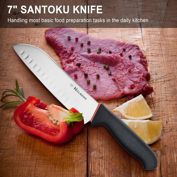 UYGDUY-7 inch Santoku Knife with Fluted Edge, Non-Slip Softgrip Handle, Multi-Purpose Kitchen Knife for Vegetable Chopping, Precise Dicing, Meat Slicing