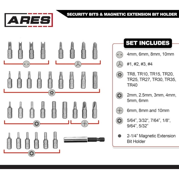 UYGDUY-70009-33-Piece Security Bit Set with Magnetic Extension Bit Holder - Includes Tamper Resistant, SAE Hex, Metric Hex and Star Bits Anti Tamper Bit Set Features Torq, Spanner, and Triwing