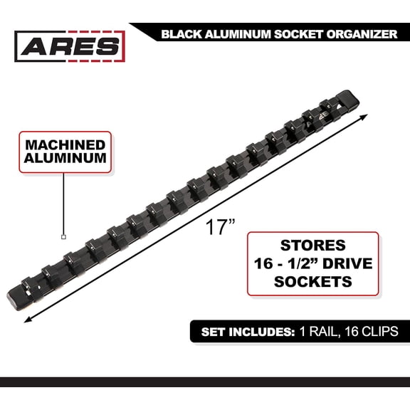 UYGDUY-70086-1/2-Inch Drive Black Aluminum Socket Organizer - Store up to 16 Sockets and Keep Your Tool Box Organized - Sockets Will Not Fall Off this Rail