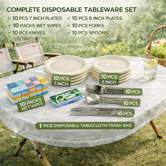 UYGDUY-70PCS Disposable Picnic Kit for 10 Lightweight Outdoor Dinnerware Set with Plates, Plastic Cutlery, Wet Wipes & Drawstring Table Cover, Portable Picnic Supplies for Park, Beach & Camping (10