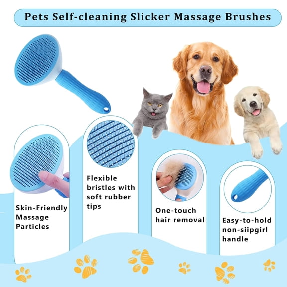 UYGDUY-7PCS Dog Grooming Brush Kit for Shedding and Matted Fur, Self-Cleaning Slicker Brush with Undercoat Rake, Flea Comb for Long-Haired Pets, Blue