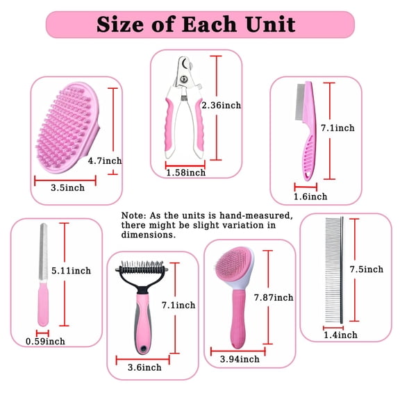 UYGDUY-7PCS Dog Grooming Brush Kit for Shedding and Matted Fur, Self-Cleaning Slicker Brush with Undercoat Rake, Flea Comb for Long-Haired Pets, Pink