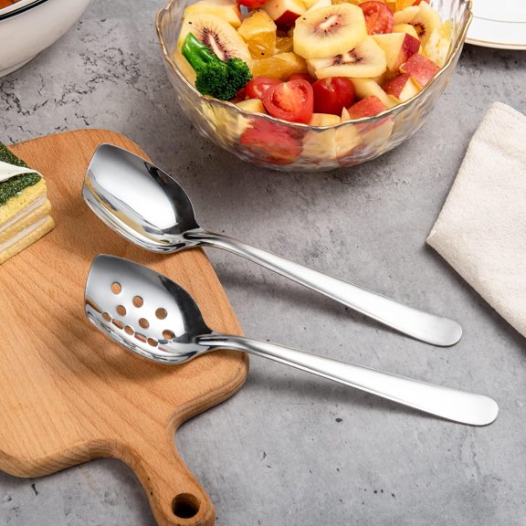 UYGDUY-8-Inch Compact Flat Bottom Scraping Cooking Spoon Set of 2, 18/8 Stainless Steel Slotted & Solid Stirring Spoon, Small Kitchen Spoon for Sauces, Eggs, Instant Pot, Small Pan & Bowl