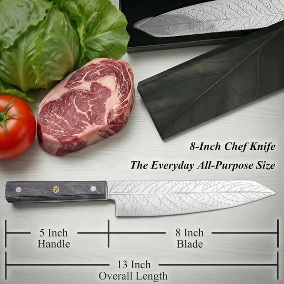 UYGDUY-8-Inch Leafetched Chef Knife ALLWIN HOUSEWARE Deep Electroetched Leaf Pattern with 3D AirPocket Design, Premium Stainless Steel Blade & Ergonomic Wood Handle for Kitchen Cooking Gift Grey