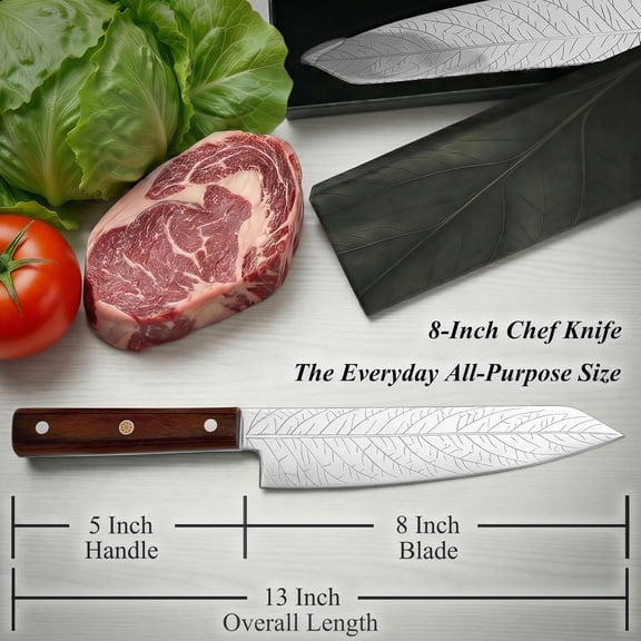 UYGDUY-8-Inch Leafetched Chef Knife ALLWIN HOUSEWARE Deep Electroetched Leaf Pattern with 3D AirPocket Design, Premium Stainless Steel Blade & Ergonomic Wood Handle for Kitche
