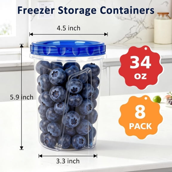 UYGDUY-8 Pack 34oz Reusable Freezer Storage Containers with Twist Top Lids Airtight, Clear Plastic Soup Freezer Containers, Quart Food Storage Containers with Lids for Fruit Meal Prep Leftover Lunch