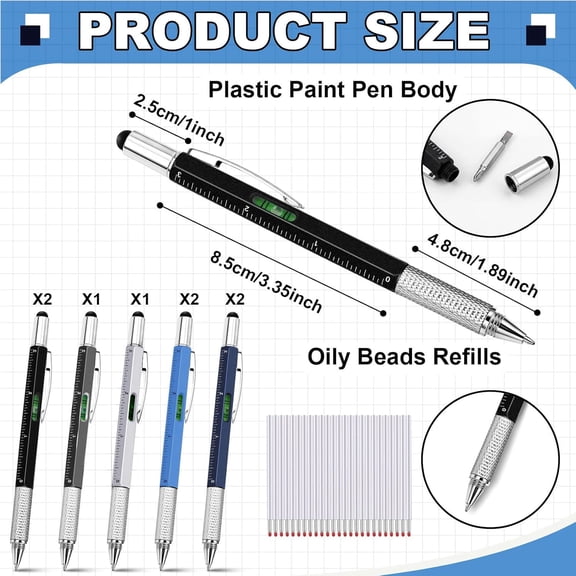 UYGDUY-8 Pcs 6 in 1 Multitool Pen with Screwdriver, Ruler, Level, Stylus, and Refills, Gift for Men Dad Husband, Birthday Gift, Tools Gadgets(Black, Gray, White, Blue)