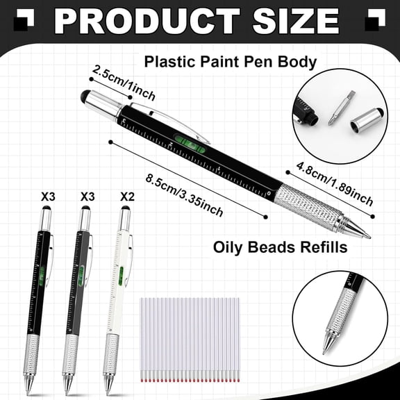 UYGDUY-8 Pcs 6 in 1 Multitool Pen with Screwdriver, Ruler, Level, Stylus, and Refills, Gift for Men Dad Husband, Birthday Gift, Tools Gadgets(Black, White, Gray)