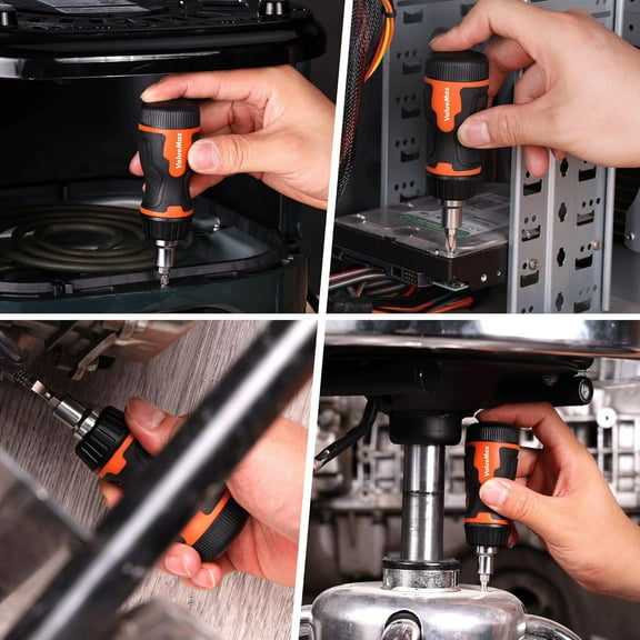 UYGDUY-8-in-1 Stubby Ratcheting Screwdriver, Multi-bit Screwdriver, Quick-load Mechanism, Adjustable Magnetic Tool with Phillips, Slotted, Torx Screw Driver Bits and 1/4" Nut Driver