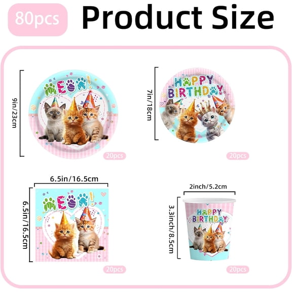 UYGDUY-80PCS Cat Birthday Decorations, Complete Paper Tableware Set Includes Plates Cups Napkins Cat Themed Birthday Party Decorations for 20 People
