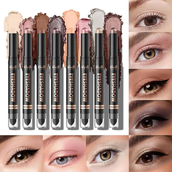UYGDUY-8Colors Dual-Ended Cream Eyeshadow Stick Set  Silky Smooth, Waterproof & Transfer-Proof, Built-in Blender Brush, All-Day Matte & Shimmer Wear Eye Makeup(#A)