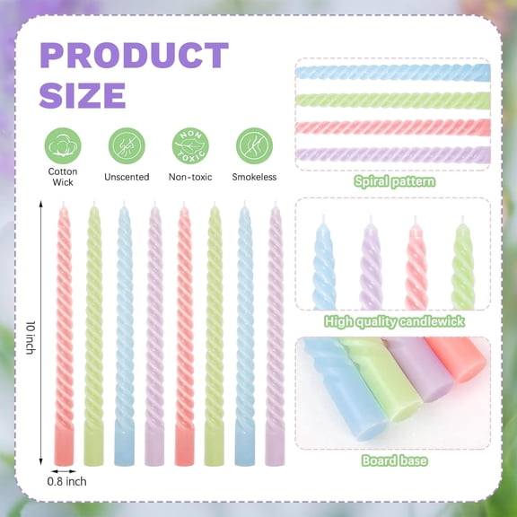 UYGDUY-8Pcs 10 Inch Easter Pastel Spiral Taper Candles Dripless Twisted Wax Candles Long Unscented Candle Sticks for Spring Home Party Dining Table Supplies