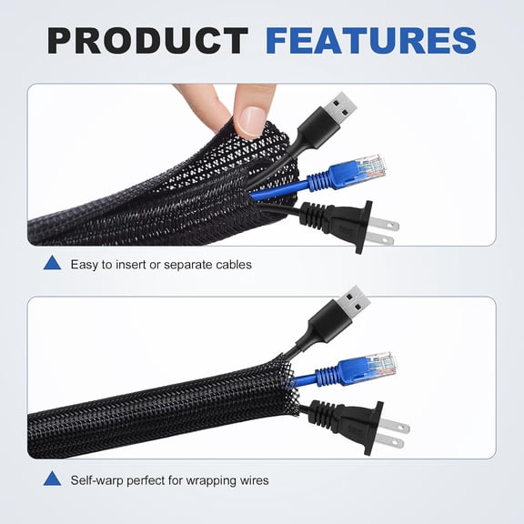 UYGDUY-8ft - 1-1/4 inch Cable Management Sleeve Cord Protector, Split Wire Loom for USB TV Computer, Braided Wire Cover Hider Organizer Tubing Protect Cat Dog from Chewing, Black