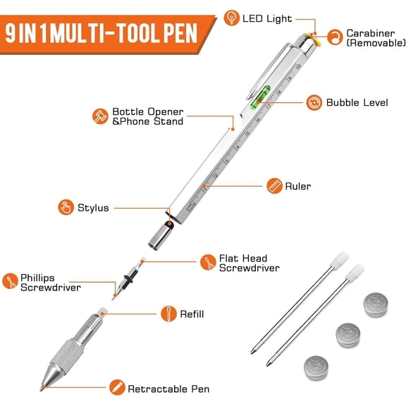 UYGDUY-9 in 1 Multi-Tool Pen for Men, Tools with Ballpoint Pen, Screwdrivers, LED Light, Ruler, Stylus, Bubble Level and Bottle Opener, Practical Fathers Day Birthday Gifts for Men Dad Handyman DIY L