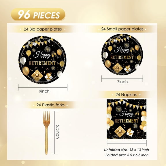 UYGDUY-96 PCS Retirement Party Decorations for Men Women Happy Retirement Plates Napkins Set Black and Golden Disposable Dinnerware Tableware for Going Away Retired Farewell Party, Serve 24 Guests