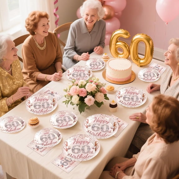 UYGDUY-96 Pcs 60th Birthday Party Supplies for Women Rose Gold 60 Years Old Paper Plates and Napkins Tableware Set 60th Birthday Decorations for Ladies Women Sixty Years Old Party Serves 24