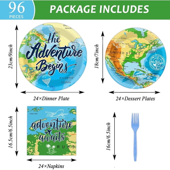UYGDUY-96 Pcs Adventure Awaits Party Supplies Travel Map Birthday Plates Napkins Forks for Birthday Retirement Going Away Bon Voyage Paper Tableware Set Adventure World Party Decorations 24 Guests
