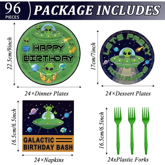 UYGDUY-96 Pcs Alien Theme Paper Plates and Napkins Outer Theme Space Birthday Party Supplies Galactic Birthday Tableware Set for Boys Girls Galaxy Party Decorations Favors for Serves 24