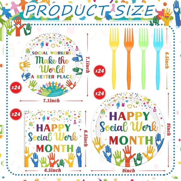 UYGDUY-96 Pcs Happy Social Work Month Party Supplies Social Workers Make the World a Better Place Tableware Disposable Thank You Employee Staff Paper Plates Napkin for Party Decoration