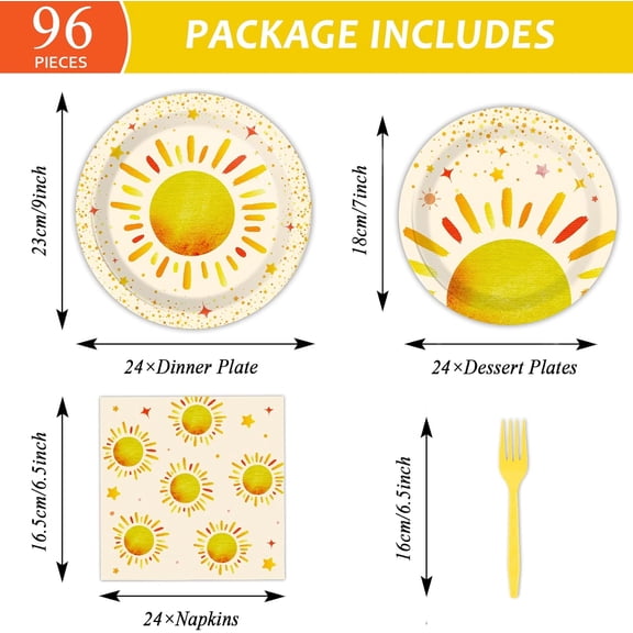 UYGDUY-96 Pieces First Trip Around The Sun Decorations Sunshine Birthday Party Plates Boho Sun Disposable Plates Napkins Folks Paper Tableware Set for 1st Trip Around The Sun Birthday Girls Boys Supp