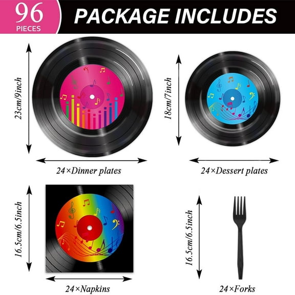 UYGDUY-96 Pieces Record Party Plates 50's Theme Party Decorations Record Paper Plates and Napkins Retro Vinyl Disposable Dessert Tableware Set 1950's Music Supplies 24 Guests