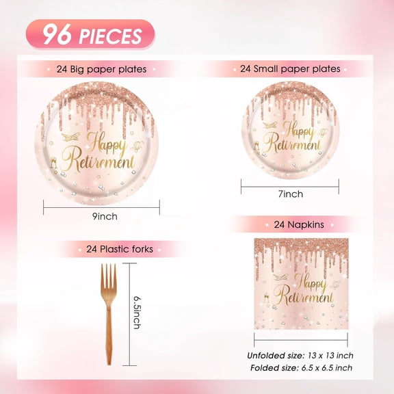 UYGDUY-96PCS Retirement Party Decorations Women,Rose Gold Retire Party Disposable Tableware Include Happy Retirement Plates and Napkins Sets for Goodbye Going Away Farewell Decorations,Serve 24 Guest