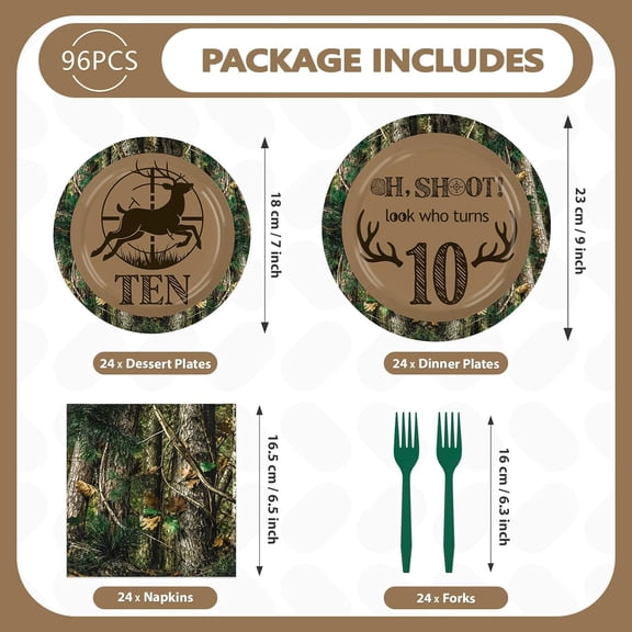 UYGDUY-96Pcs Deer Hunter 10th Birthday Party Decorations Camo Deer Hunting Plates and Napkins OH SHOOT Tableware Set for Hunting Camo Camping Picnic Birthday Party Supplies, Serves 24