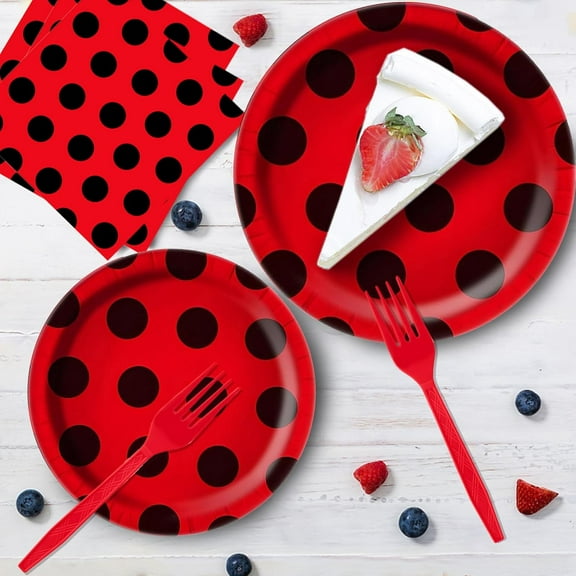 UYGDUY-96Pcs Ladybug Plates and Napkins Party Supplies, LadybugThemed Tableware Set, Cute Disposable Dinnerware for Birthday Dessert Tea Party Decoration, 24 Guests