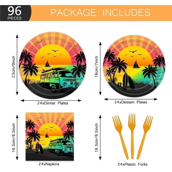 UYGDUY-96Pcs Summer Seaside Sunset Plates Napkins Beach Birthday Party Supplies Sunset Sea Tropical Palm Trees Paper Disposable Tableware Set Forks Hawaii Happy Birthday Party Dinnerware Kits Serve 2