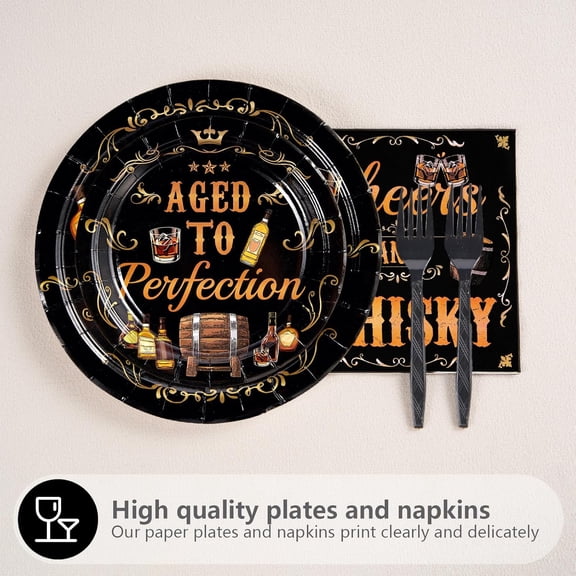 UYGDUY-96Pcs Whiskey Birthday Party Decorations for Men Aged to Perfection Party Supplies Plates Disposable Heavy Duty Whiskey Birthday Tableware Set for Beer Theme Parties Supplies Serves 24
