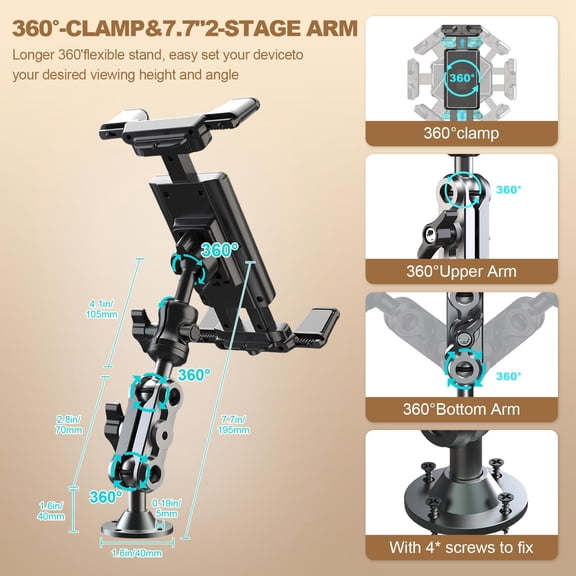 UYGDUY-Aluminum Heavy Duty Drill Base Tablet Holder Car Mount Dashboard, 360 Adjustable 2-Stage Stand for 4.7-12.9" iPad Pro/Air/Mini/Samsung Galaxy Tab, for Car Truck Wall Desk Commercial Vehicle