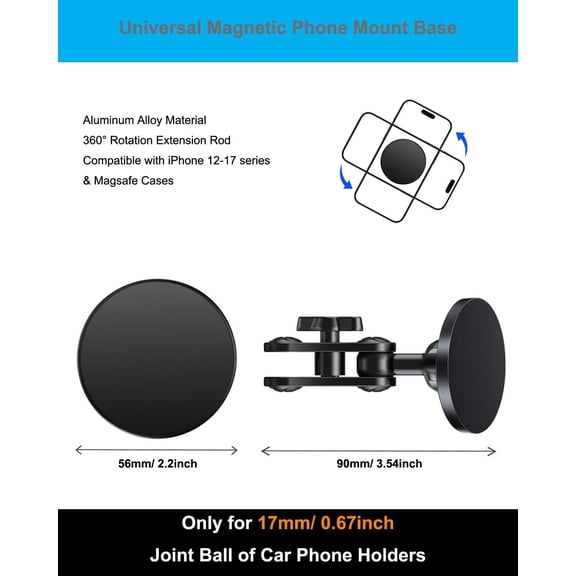 UYGDUY-Aluminum Magnetic Car Mount Base with 17mm Ball Mount Extension Adapter, 360 Rotation Phone Holder Head for Magsafe iPhone 12-17 Series, 2.12 Inch Metal Double Socket Extension Arm